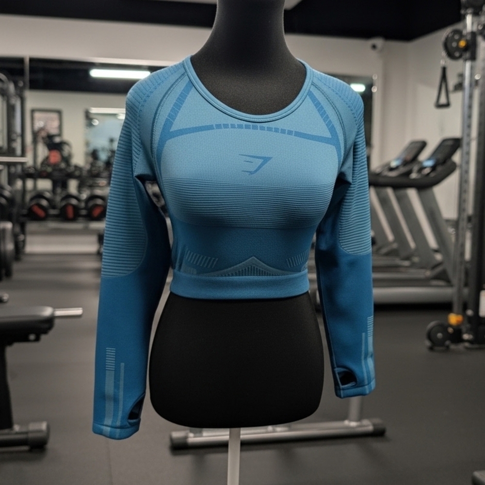 Gymshark Geometric Blue Cropped Long Sleeve Activewear Top Women's Size S